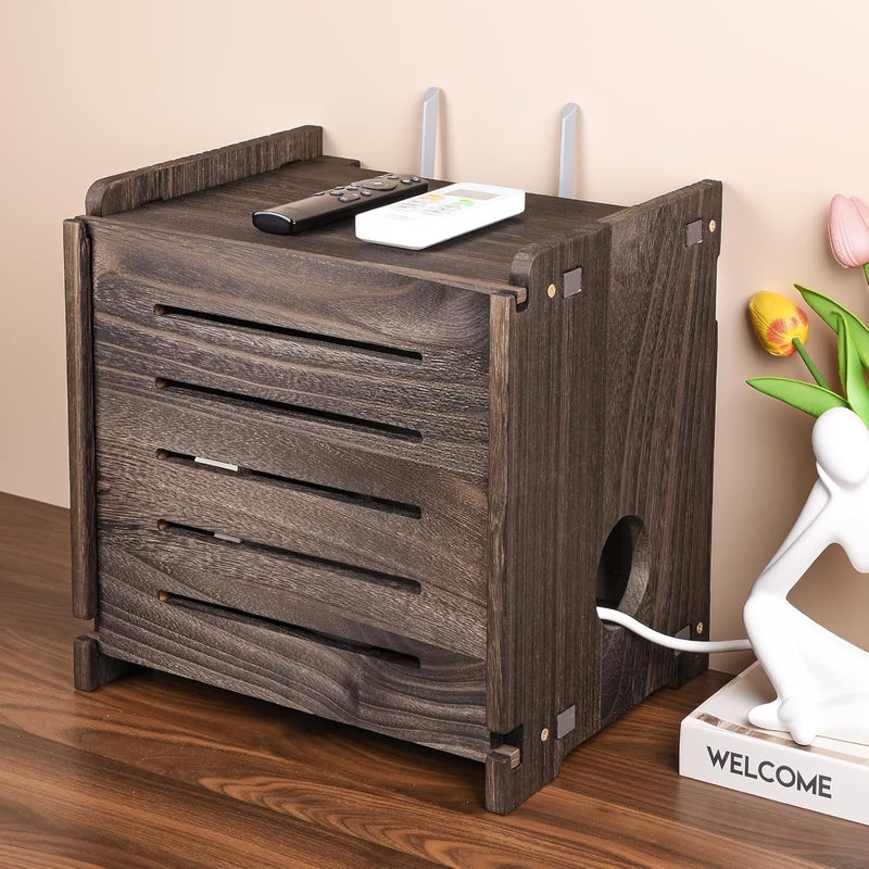 BEARUT WiFi Router Storage Box Modem Cable Shelf Router Cover Router Shelf Hider Power Strip and Cable Management Rack Office Desktop Organizer Shelves Need Assembly Wood - Image 2